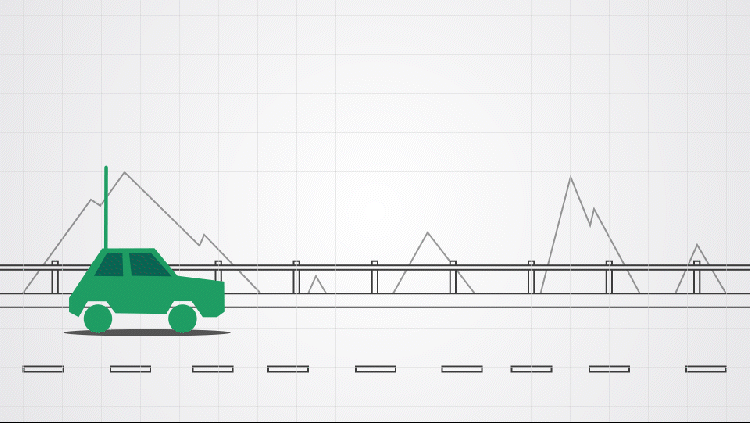 Imagem de um carro verde parado com ênfase em uma linha vertical acima dele, como uma antena. Ao se movimentar para frente a antena faz um movimento de balanço.