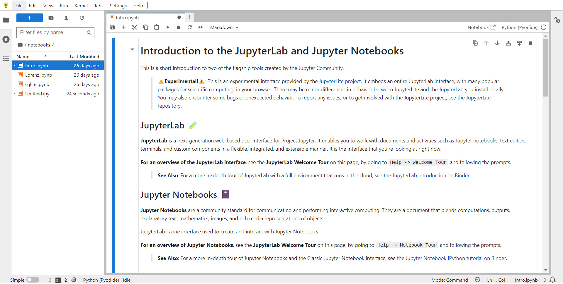 Captura de tela do Jupyter Notebook Lab, acessado pela Web. Na tela, temos o menu lateral com os arquivos e o editor de código à direita.
