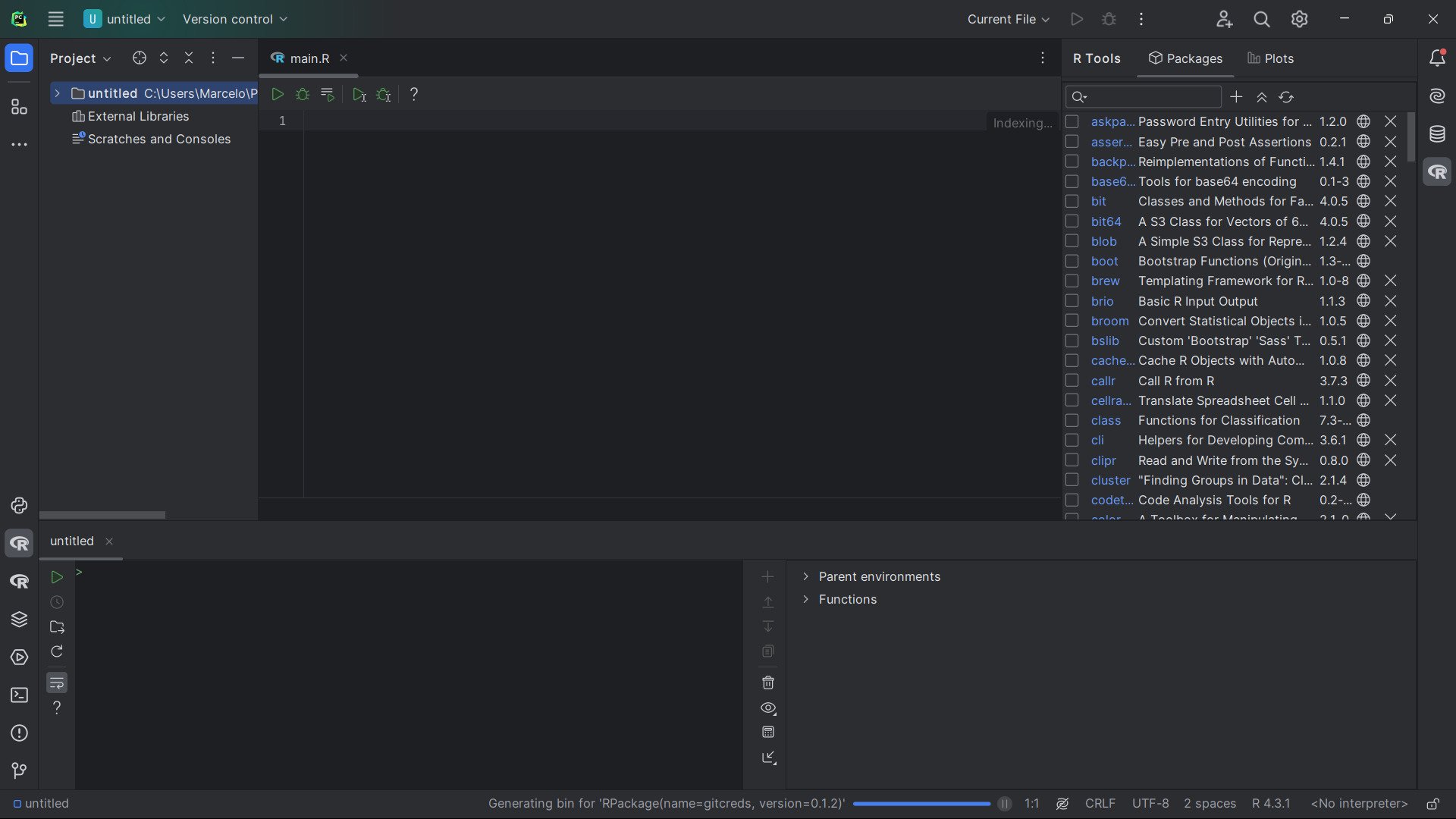 Captura de tela do editor do PyCharm, contendo as telas de editor de texto, console, ambiente e arquivos.