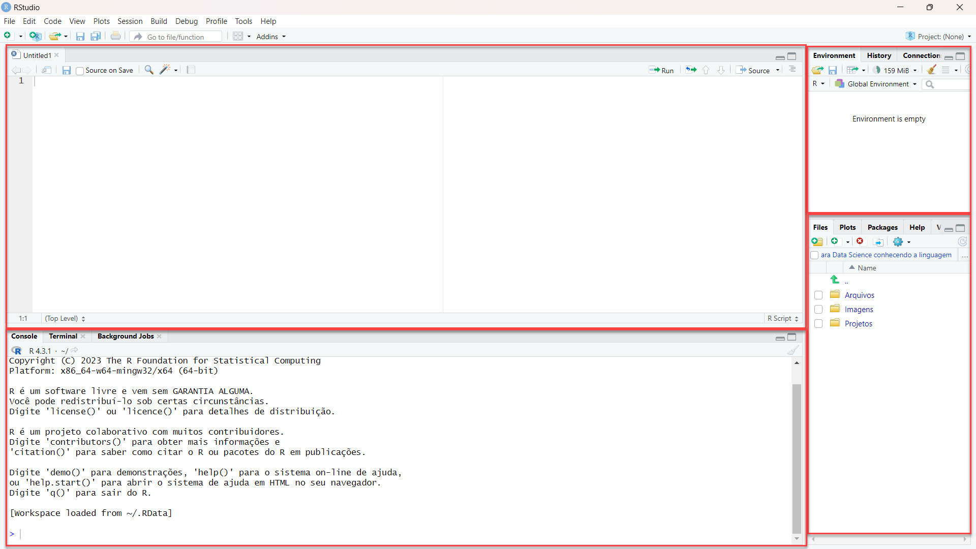 Captura de tela do editor RStudio, contendo as telas de editor de texto, console, ambiente e arquivos.