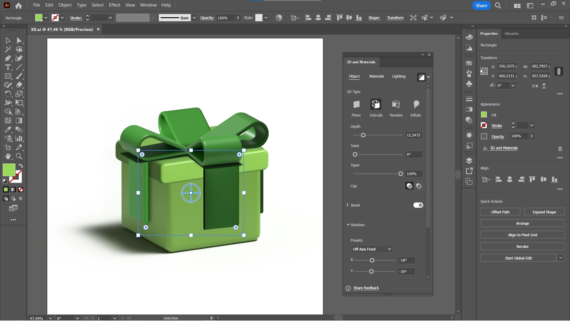 Imagem que mostra a interface do Illustrator e o desenho 3D de uma caixa de presente.