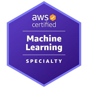 Selo de certificação AWS, em formato hexagonal e fundo roxo. Em branco, no interior do selo, encontra-se o nome da certificação “AWS Certified Machine Learning - Specialty”.
