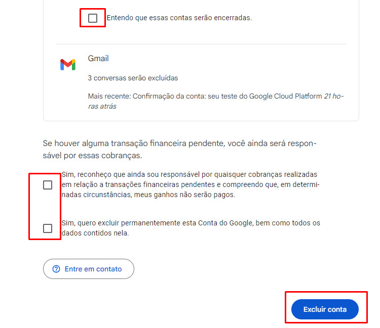Tela de confirmação da exclusão da conta Google com as caixas de check destacadas dentro de retângulos vermelhos e, abaixo, botão com a opção Excluir conta, também destacado dentro de outro retângulo vermelho.