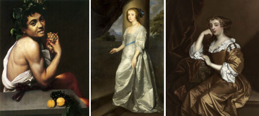 Imagem 1 - Homem sentado à mesa segurando frutas; Imagem 2 - Mulher em pé de vestido longo; Imagem 3; Mulher sentada apoiando o rosto com a mão.