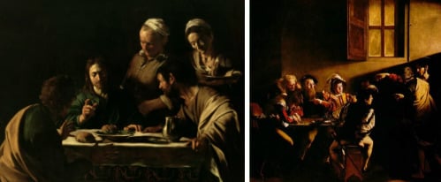 Imagem 4 - Homens ao redor de uma mesa se servindo de pão; Imagem 5- Homens e mulheres sentados em um bar.