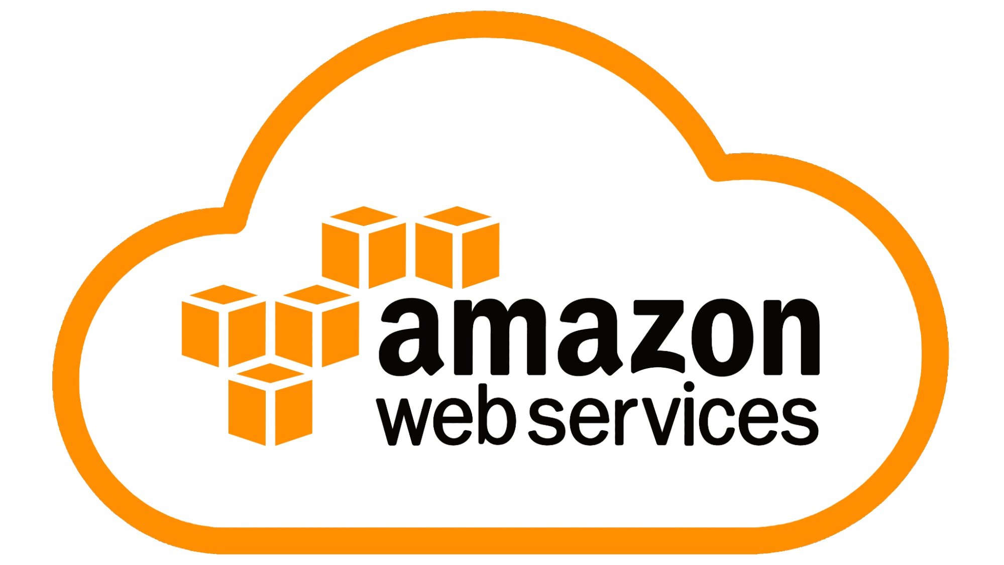Logo da AWS. A imagem apresenta o desenho de uma nuvem e em seu interior cinco cubos laranjas, posicionados ao lado das palavras “Amazon Web Services”.