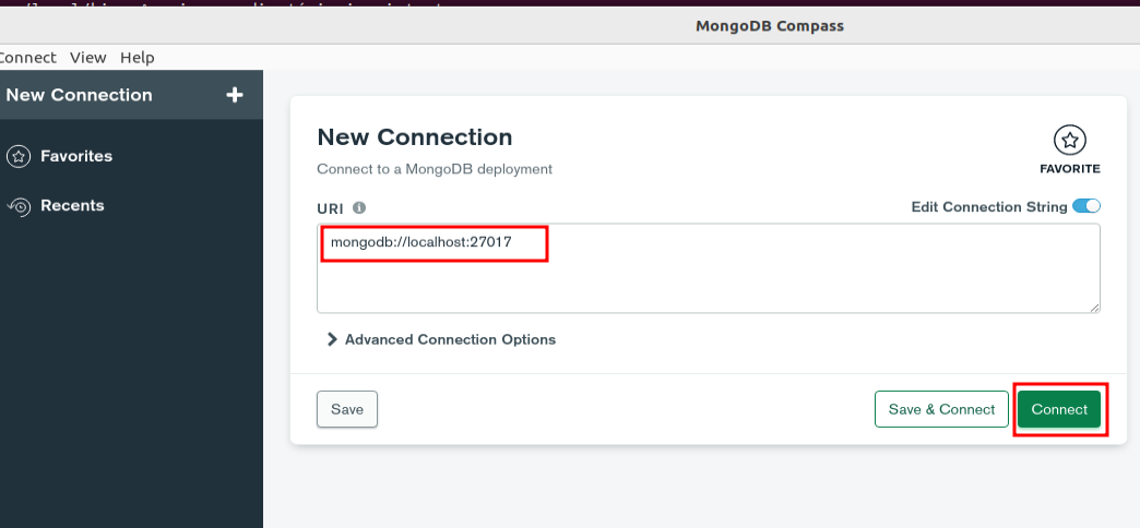 Tela de conexões do MongoDB Compass, onde as informações de conexões que já são preenchidas automaticamente no campo de URI e o botão Connect estão destacados com um retângulo vermelho sem preenchimento.