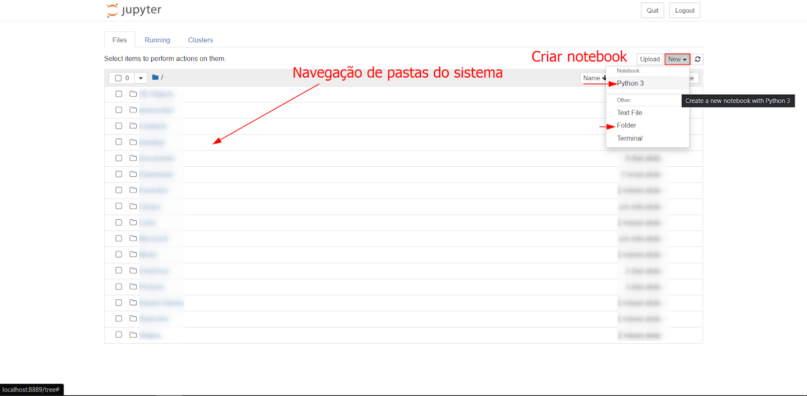 Página de navegação do Jupyter Notebook mostrando as pastas do sistema. No canto superior direito há a opção de criação de notebook