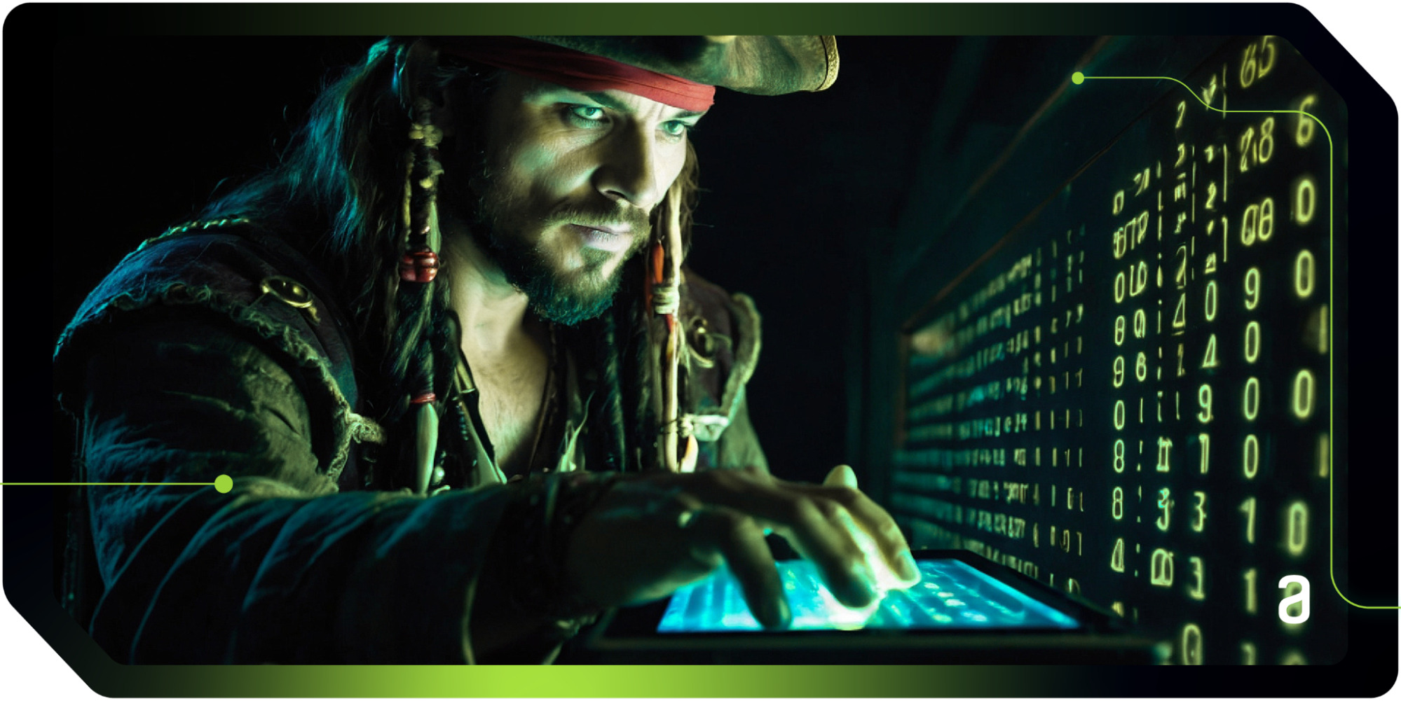 Um pirata de chapéu digitando em um computador.