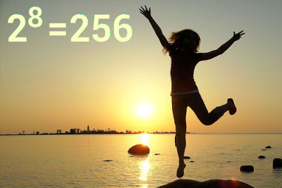 Imagem de uma pessoa pulando com braços abertos, ao fundo o pôr-do-sol e no canto superior esquerdo a equação matemática com o 2 elevado a oitava potência e do outro lado da equação, após o igual, o resultado 256.