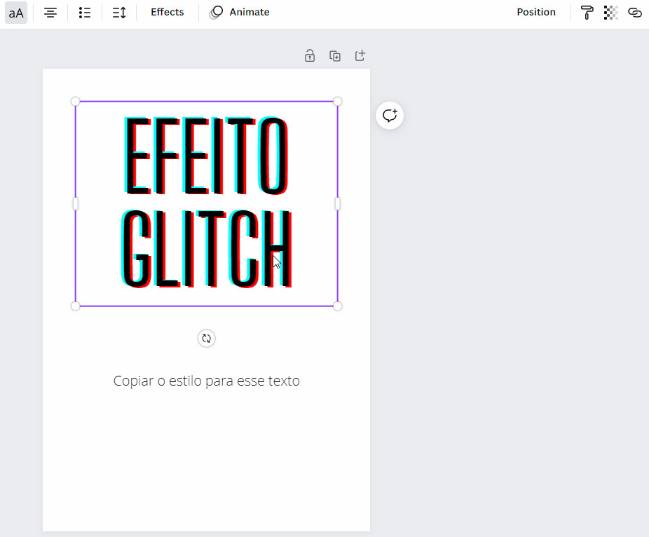 Gif que mostra o texto selecionado com o efeito de glitch e, na sequência, o clique no ícone de rolo no canto superior direito da tela, que aplica o mesmo efeito de glitch em outro texto.