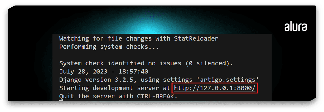 A imagem é um print de um terminal com algumas informações de data e versão do Django. Em destaque com um retângulo em vermelho, temos a URL http://127.0.0.1:8000/.
