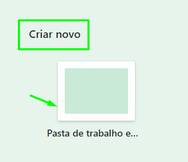 Captura da tela do painel inicial do Excel ilustrando a opção de Criar nova planilha e abaixo o ícone de pasta, indicando uma nova pasta de trabalho.