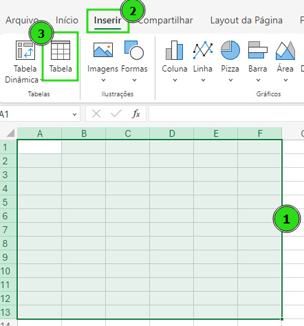 Captura de tela do Excel online ilustrando os passos para a criação de uma tabela.