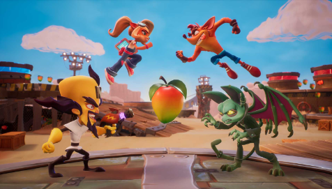 cena do jogo Crash, com 4 personagens, um de frente para o outro.