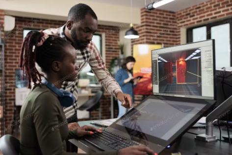 fotografia de um homem negro ajudando uma mulher negra designer a realizar um comando numa tela de criação de jogos.