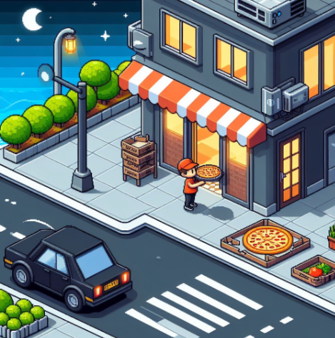 cena de um jogo em 2D com homenzinho carregando uma caixa de pizza em direção a uma porta de pizzaria, em cores vermelha, branco e cinza predominantes.