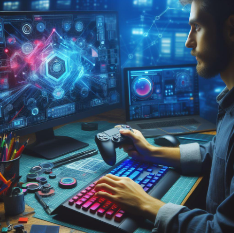 homem branco de barba em frente a um computador, segurando um controle de jogo, e digitando no teclado.