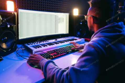 fotografia de um homem de óculos, de costas, mexendo em computador com teclado colorido.