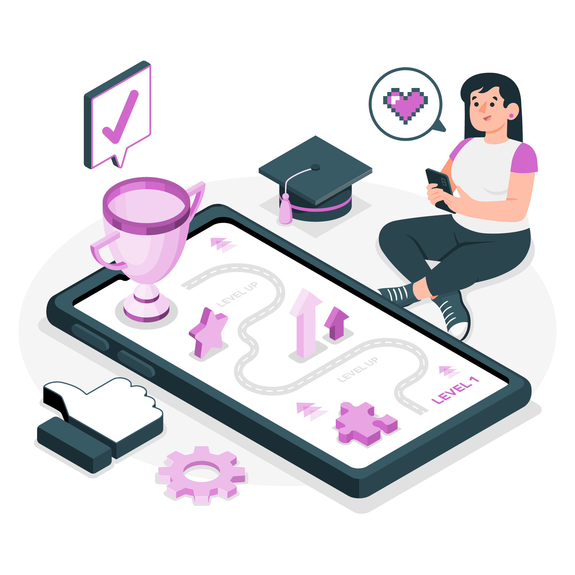 Ilustração de uma mulher sentada mexendo no celular. Na sua frente há um celular gigante com um mapa e alguns elementos de jogos na cor lilás.