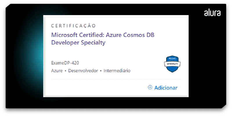 Card da certificação Azure Cosmos DB Developer Specialty.