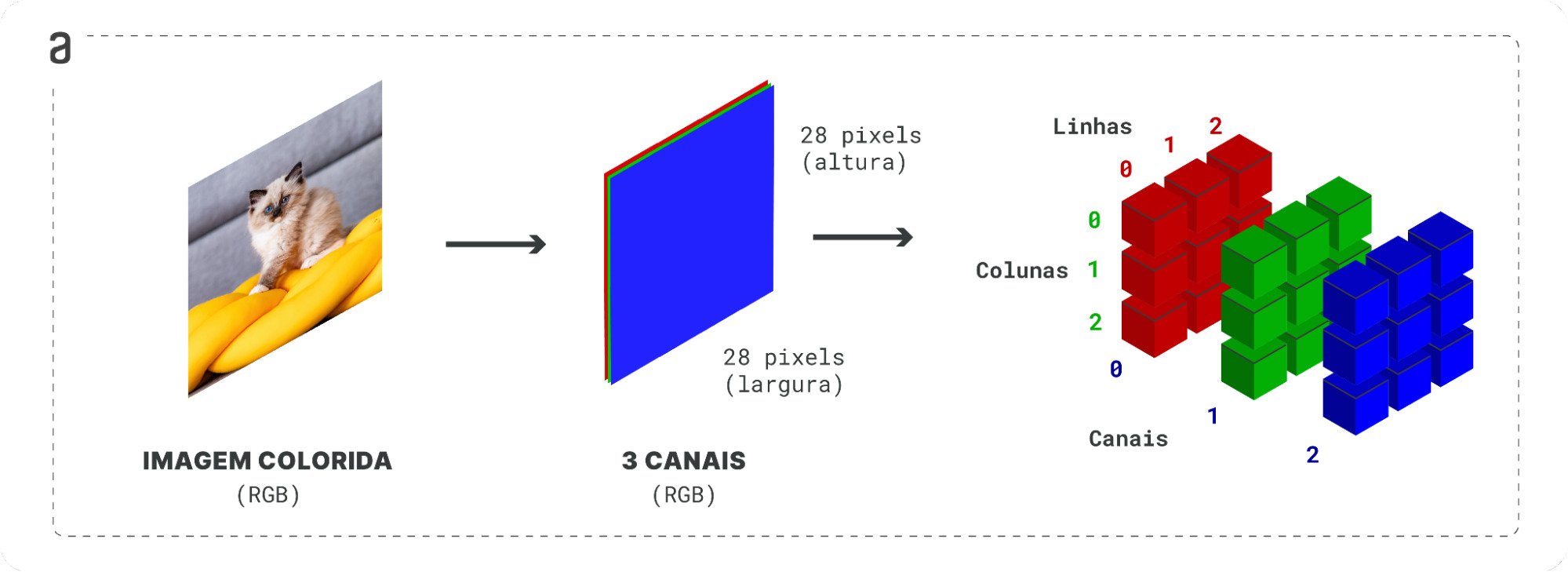 Três imagens em sequência com um fundo branco. A primeira imagem é a foto de um gato, representando uma imagem colorida RGB genérica. A segunda imagem representa a decomposição da primeira em três canais RGB. A terceira imagem detalha a decomposição RGB em três tabelas de dados, uma para cada canal.