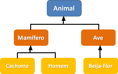 Imagem representando a taxonomia de animais. Nele, uma hierarquia com a classe "Animal", que é o primeiro nível da hierarquia, com as classes "Mamífero" e "Ave" que herdam de "Animal" e, no último nível, as classes "Cachorro" e "Homem" herdando de "Mamífero" e "Beija-flor" herdando de "Ave". Imagem encontrada no Google Imagens.
