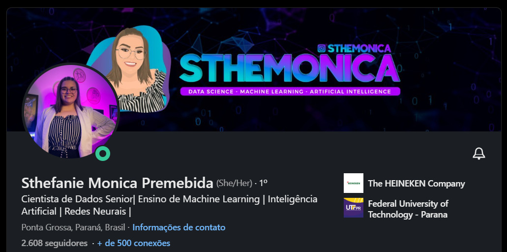Captura de tela do perfil do LinkedIn da Stephanie Monica Premebida. Na tela, temos as imagens de perfil e de cada, assim como títulos e nomes de organizações/instituições que a Sthe frequentou.