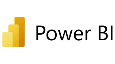 Ilustração do Logotipo do PowerBI. Na imagem, a esquerda um ícone com três colunas de tamanhos diferentes e em diversos tons de amarelo. Já à direita, o nome “Power BI” está na cor preta.