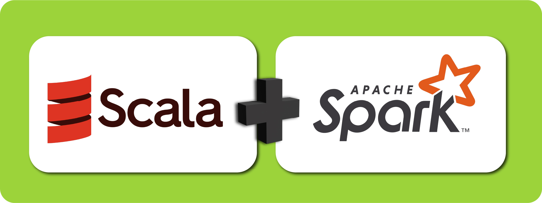 Imagem colorida, representando a união de Scala e Apache Spark, com o logo e nome da esquerda para direita, do Scala e em seguida o Apache Spark. Entre eles existe um sinal de, soma.