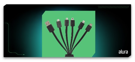 Imagem de um dispositivo eletrônico multifuncional em cor preta, destacando suas seis conexões, incluindo portas USB e tipo C.
