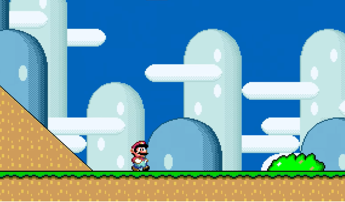 Imagem do personagem do jogo Super Mario World com a imagem de fundo do cenário colorido com as cores originais do jogo.