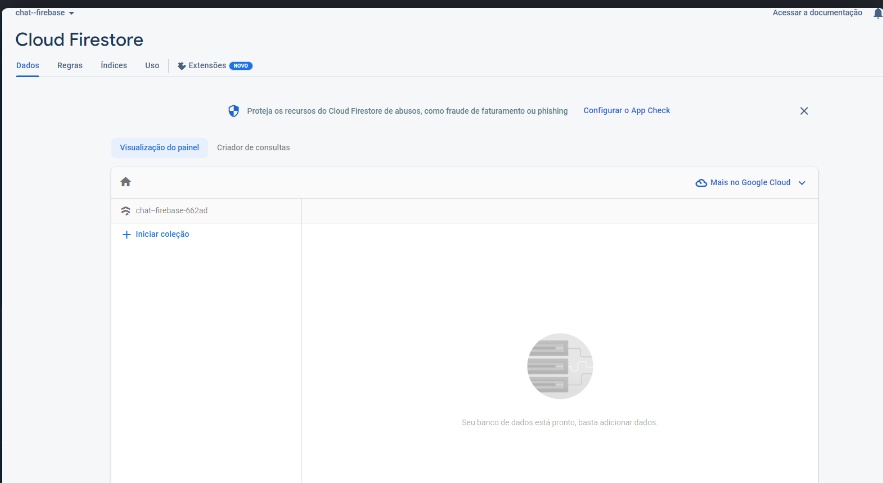 Imagem colorida que mostra a tela branca do banco de dados do firebase. Na parte superior, está escrito em fonte pequena “chat–firebase” e, logo abaixo, há o título “Cloud Firestore”. Depois disso, há um menu horizontal com as seguintes opções: “Dados, Regras, Índices, Uso e Extensões''. Depois, existe um quadrado branco que contém os dados que estão dentro daquele banco de dados”.
