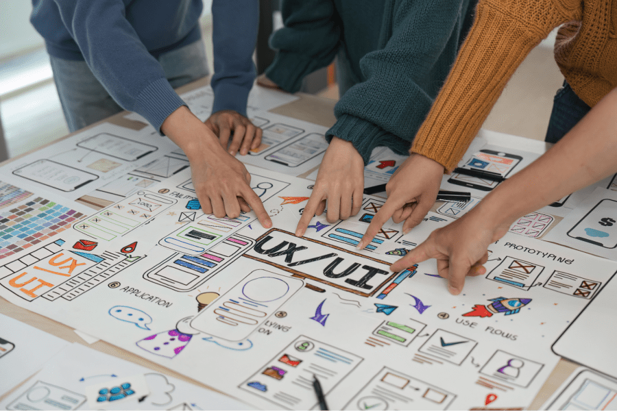 vários braços de pessoas apontando para um desenho em uma mesa, onde está escrito UX/UI e tem vários desenhos de protótipos de site.