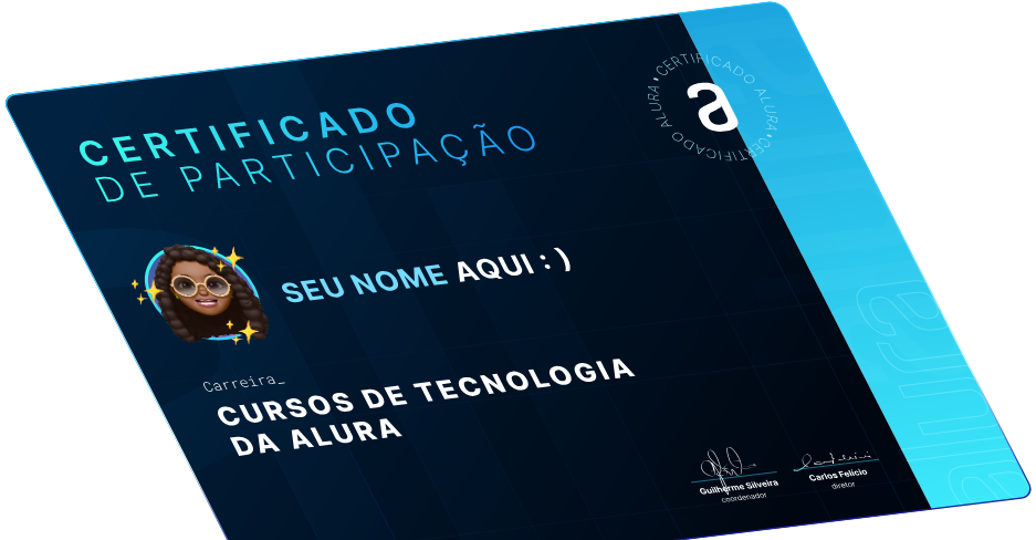 Ilustração de um certificado da Alura com selos de validação e o nome do aluno.