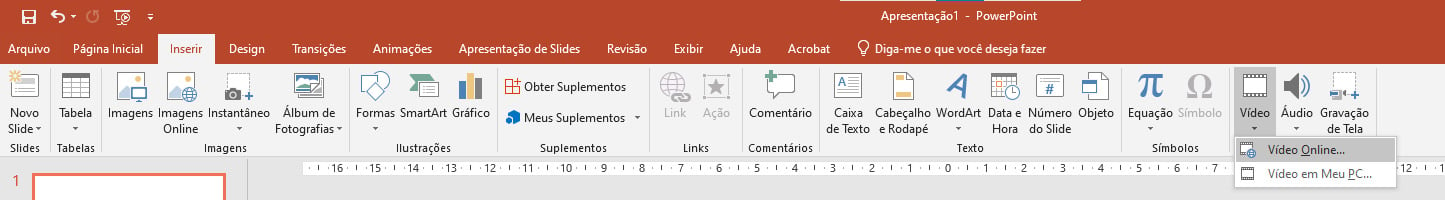 Menu superior do PowerPoint mostrando a guia Inserir