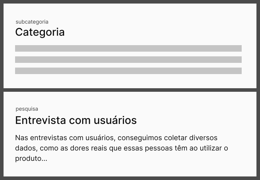 Há dois exemplos na imagem. O primeiro contém uma exemplificação de como devemos separar o conteúdo, de cima para baixo temos: a subcategoria, a categoria e o texto. Na segunda, os locais estão preenchidos com o conteúdo real: “pesquisa”, “Entrevista com usuários” e “Nas entrevistas com usuários, conseguimos coletar diversos dados, como as dores reais que essas pessoas têm ao utilizar o produto…”.