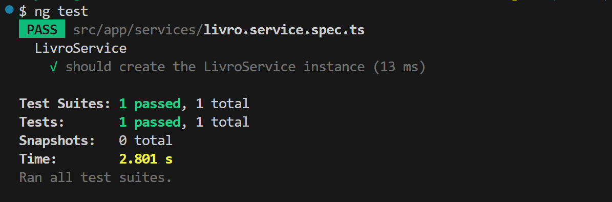 Terminal mostrando a execução de um teste de unidade bem sucedido utilizando Jest.