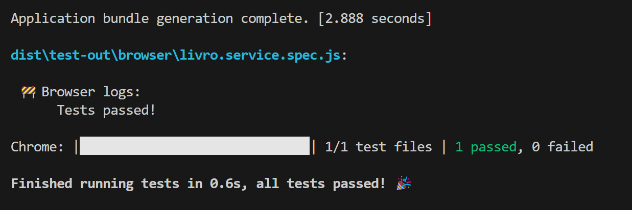 Terminal mostrando a execução de um teste de unidade bem sucedido utilizando web test runner.