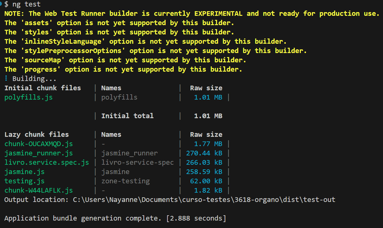 Navegador mostrando o processo de building de um projeto angular. Uma nota contém o aviso de que o Web Test Runner está em suporte experimental e ainda não deve ser usado em produção.