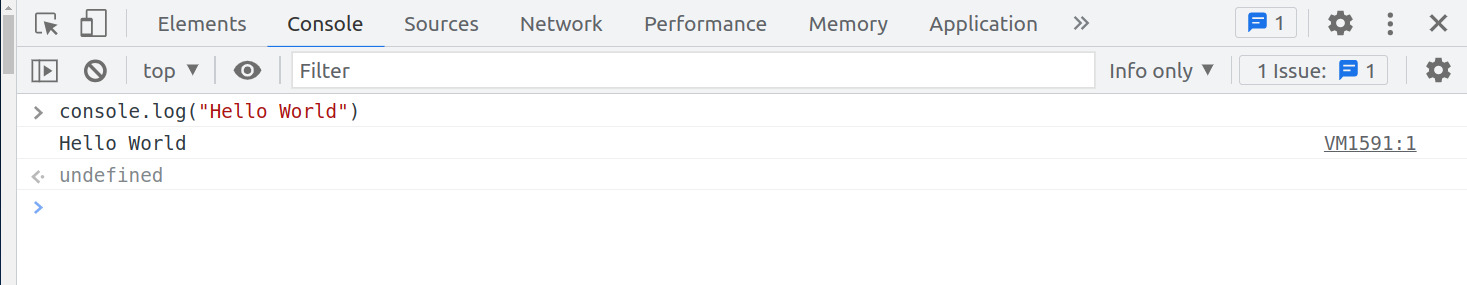 Imagem que mostra um print de tela do DevTools do navegador Google Chrome aberto, na aba de console. Existe uma linha de código que diz - console.log("Hello World") - e, imediatamente após, uma linha de resposta do console que diz - Hello World.