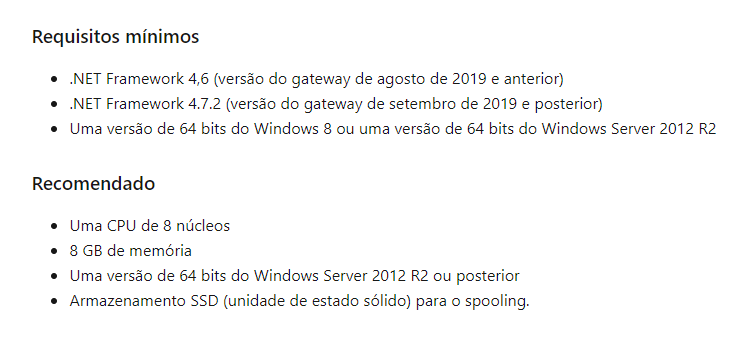 requisitos para instalação do gateway de dados