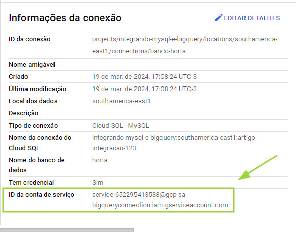 Imagem da tela de informações da conexão. Na última linha, está destacada a informação “ID da conta de serviço”.