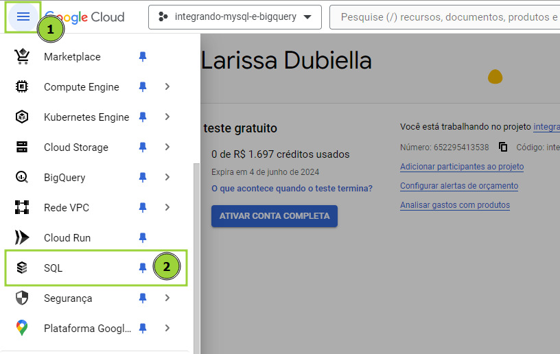 Captura de tela do menu principal do Google Cloud, indicando a opção SQL.