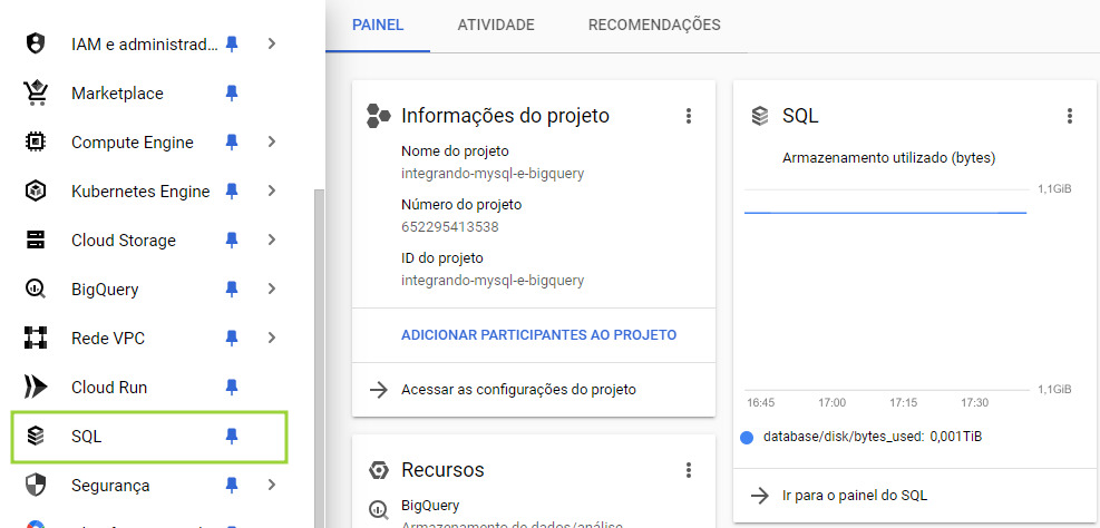 Página principal do cloud. Ao lado esquerdo o menu está aberto e há um retângulo na opção “SQL”.