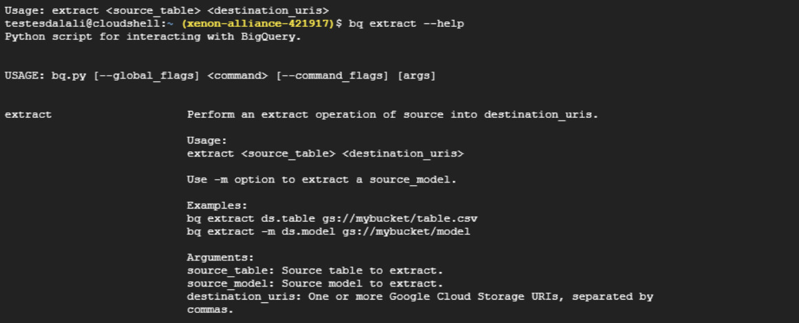 Print da tela do terminal exibindo informações de ajuda sobre o comando bq extract do BigQuery, usado para extrair dados. O texto explica a sintaxe do comando, como usá-lo para extrair tabelas e modelos, e fornece exemplos de uso.
