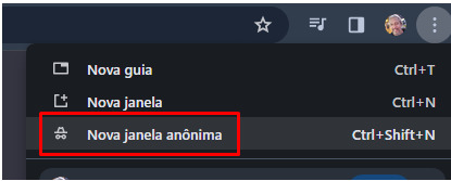 Tela de cor escura com 3 opções de seleção. A opção “Nova janela anônima” está em destaque por meio de um retângulo vermelho