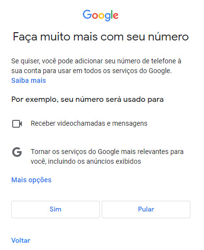 Tela com opções extras para uso do telefone. Botões com as opções “Sim” e “Pular” na parte inferior.