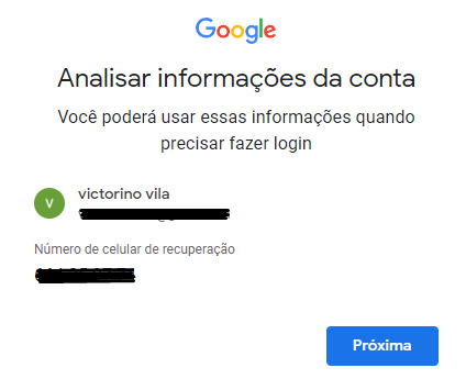 Tela para analisar os dados da conta que está sendo criada. No canto inferior direito há o botão “Próxima” na cor azul.