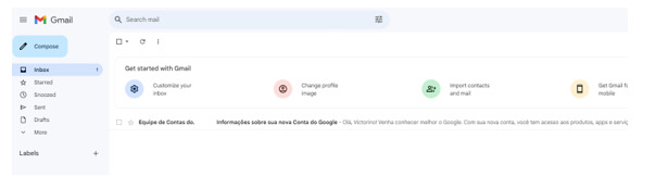 Captura de tela da caixa de entrada do Gmail que acabou de ser criada.A visualização é inicialmente simples e apresenta uma interface limpa. Contém sugestões de configuração e uma organização básica, com categorias como "Principal", "Social" e "Promoções". A partir desse ponto, o layout e as funcionalidades podem ser personalizadas conforme as preferências do usuário.